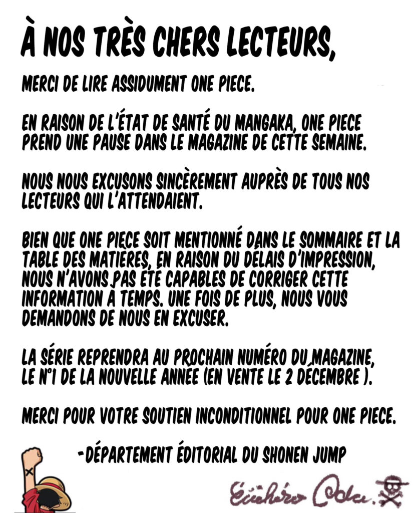 Eiichiro Oda Absence Chapitre 1132 Weekly Shonen Jump 2024 827x1024