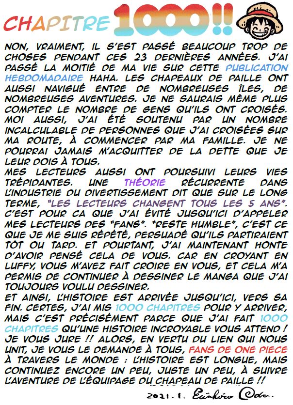 One Piece Eiichiro Oda Message Chapitre 1000